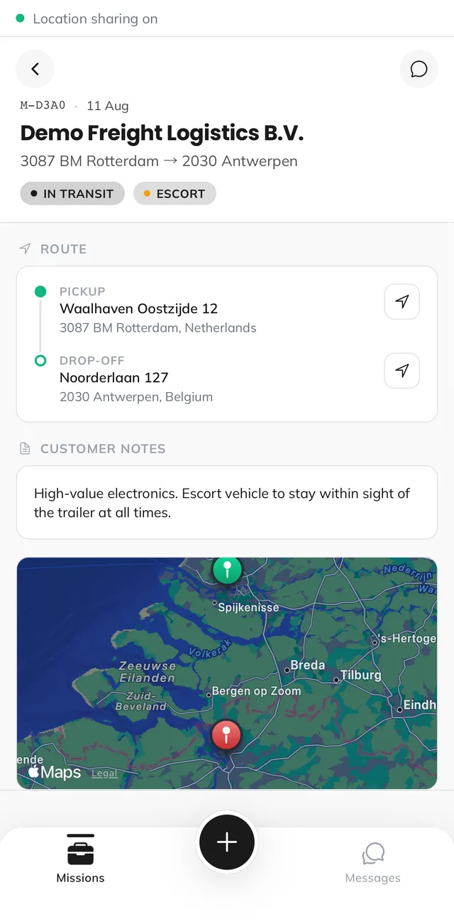 Guard app: mission detail with pickup, drop-off, customer notes and the map